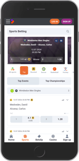Mobile screenshot of the tonybet sport page