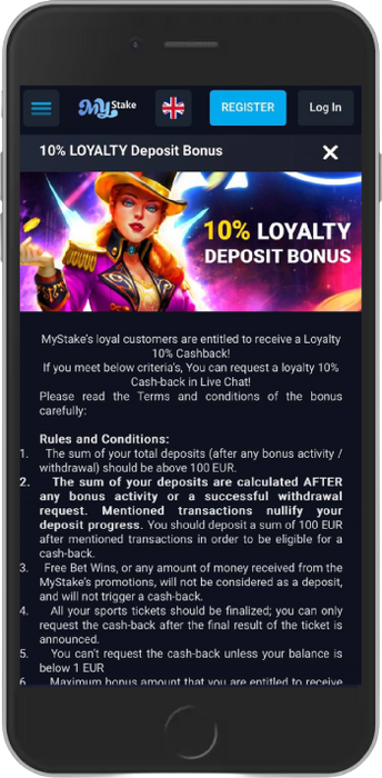 Mobile screenshot of the Mystake Loyalty Deposit Bonus