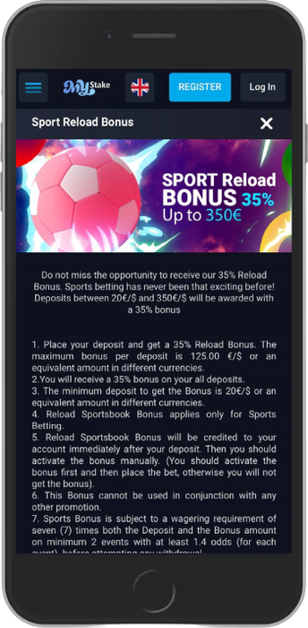 Mobile screenshot of the Mystake Sports Reload Bonus