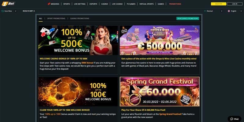 New bookmaker 1bet homepage